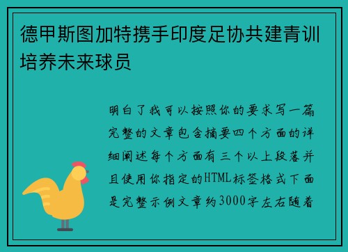 德甲斯图加特携手印度足协共建青训培养未来球员